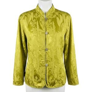 Chicos Blouse Women M Yellow Silk Mandarin Collar Floral Long Sleeve Button Up